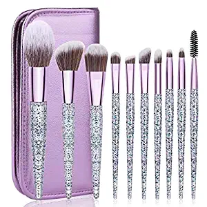 Makeup Brush Set Premium Crystal Handle Synthetic Essential Cosmetics Brush Kit with Leather Bag for Face Powder Foundation Blending Blush Concealer Eye Shadow Brush 10 PCS with Bag