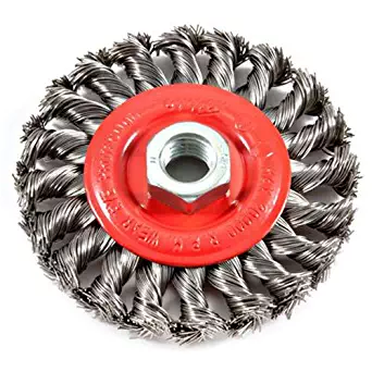 Forney 72759 Wire Wheel Brush, Twist Knot with 5/8-Inch-11 Threaded Arbor, 4-Inch-by-.020-Inch