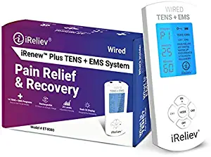 TENS Unit + EMS Muscle Stimulator by iReliev: Comes with 14 Therapy Modes, Premium Pain Relief and Recovery System, Rechargeable, Large Back Lit Display, Large and Small Electrode Pads