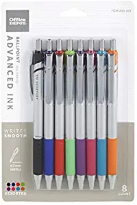 Office Depot Advanced Ink Retractable Ballpoint Pens, Needle Point, 0.7 mm, Assorted Barrels, Assorted Ink Colors, Pack Of 8