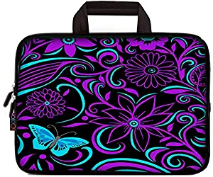 iColor 11.6 12 12.1 12.2 Inch Laptop Carrying Case - Protective Notebook/Netbook Sleeve Bag Pouch - Travel Briefcase with Handle(Blue Butterfly and Purple Flower)